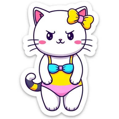 Cute short cat girl with bow, big head and small body in a colorful swimsuit, kawaii style sticker