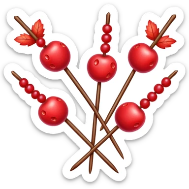 Northeast China candied hawthorn sticks tanghulu bright red fruits on skewer, simplified emoji style with bold outlines and bright colors, cartoon style sugar-coated berries sticker