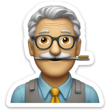 smiling old painter wearing a big gray horeshoe mustache, glasse and a brush. he wears color shirt and tie sticker