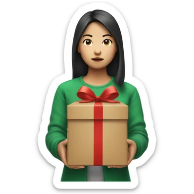 Asian girl with annoyed face holding Christmas box sticker
