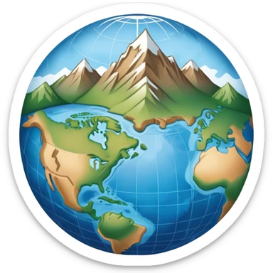 an icon featuring an earth with attitude and longitude lines, a textbook, and a topographic map, symbolizing geography as a science. The design includes a compass, mountain ranges, and rivers, representing the study of Earth's features and landscapes. Transparent background highlights geography. sticker