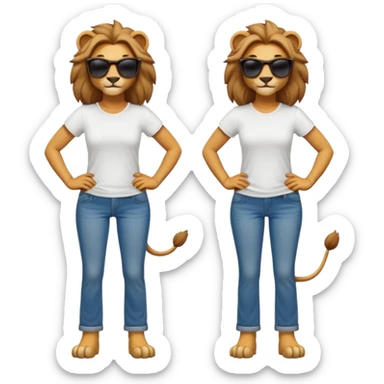 friendly anthropomorphised female lion character, full body, standing confidently with legs shoulder width apart and hands on hips, wearing jeans, a white t-shirt, and dark sunglasses, with a confident smile sticker
