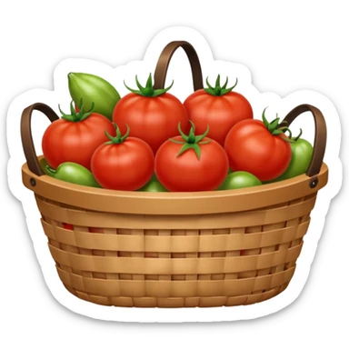 It is an image of fruits including tomatoes in the basket, and there are 5 to 6 fruits sticker