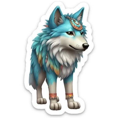 Fluffy Shy Colorful Spiritual Shamanic Wolf With Shiny Tribal Markings wearing feathers Full Body sticker