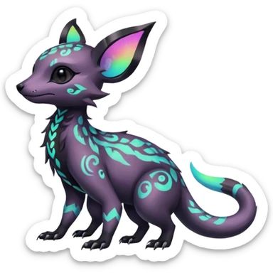 Rare neon iridescent white exotic cute epic aesthetic gothic colorful Salandit-Eevee-Civet-species-Fakemon-hybrid-creature, with intricate tattoo markings, full body sticker