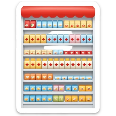 "Minimalist Japanese retail shelf display, products arranged in identical horizontal rows, with multiple units of each item placed directly behind one another, vertically varied by type, clean spacing, precise symmetry, soft neutral lighting, front-facing packages, ultra-detailed." sticker