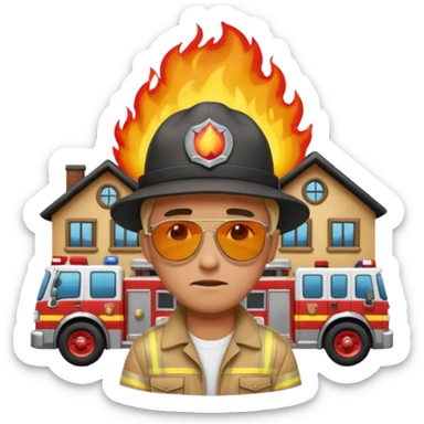 sad man standing with a house on fire behind him, fire trucks arriving, apple style emoji sticker