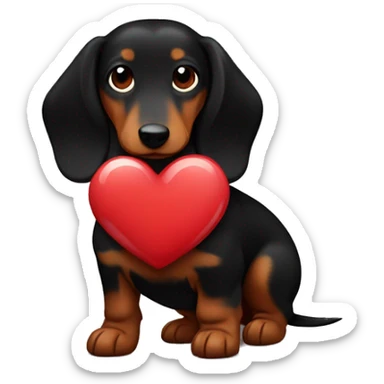 black and brown long haired daschund hugging a heart sticker