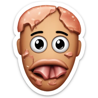 A steak with chad face that has inner demons and is trying to keep a straight face with tears streaming down his cheeks  sticker