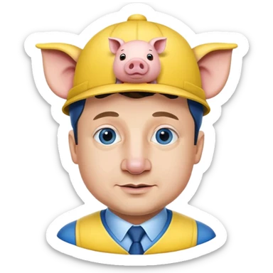 President Zelensky's head on a pig body wearing a yellow and blue hat sticker