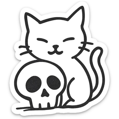 black cat with a skull, hand-drawn line art sticker