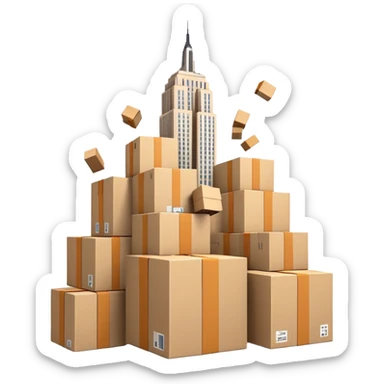 Empire State Building with plain boxes tumbling down, dynamic, fun sticker