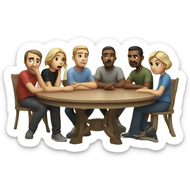 6 Caucasian people sitting around a table looking unhappy sticker