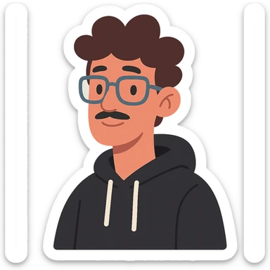 Malay teenager with fluffy hair, long face, light mustache, glasses, and a black hoodie in pastel toon style sticker