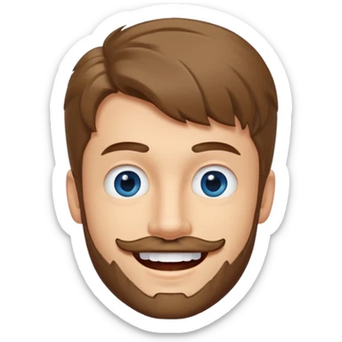 25 year old man, short scruffy beard and thin moustache, brown puffy mullet, blue eyes, big smile, white teeth, big lips, pronounced jaw, hair longer in back, sticking up on top, thin face sticker