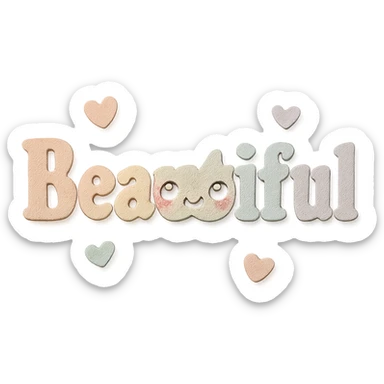 Add a cute kawaii face and tiny pastel hearts to the text, keep the 3D paper-craft effect, no outline, transparent background sticker