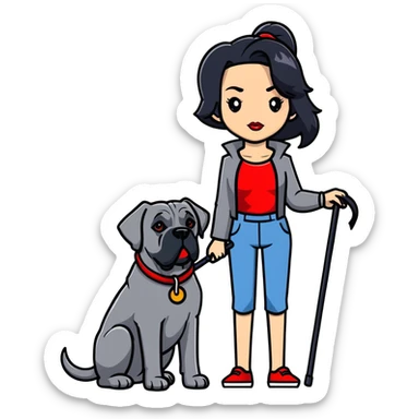 woman with long black hair and red lips next to a black Cane Corso dog with cropped ears and short tail sticker