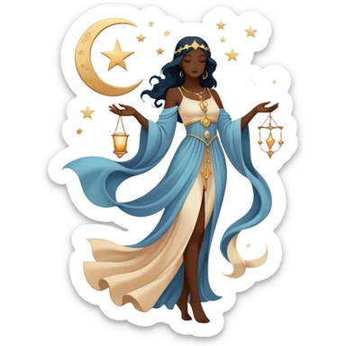 Mystical tarot card with flowing clothing silhouette, ethereal fashion symbol with stars and moon elements sticker