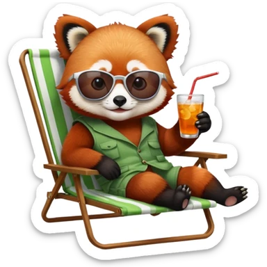 Red panda laying back on lawn chair with a drink wearing sun glasses sticker