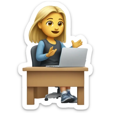 Girl sitting in front of the apple computer and raising only right hand above the head sticker