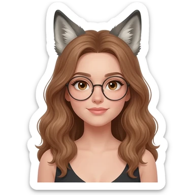 detailed emoji illustration of a woman with long light brown wavy hair and light brown eyes wearing round glasses, with wolf ears on top of her head, cute fantasy emoji style sticker