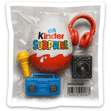 Kinder Surprise egg with standard packaging, toys including microphone, boombox, headphones, DJ setup, glossy and puffy vacuum-sealed style sticker