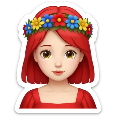 girl with flower crown in red dress and yellow ,blue,green colored flowers sticker