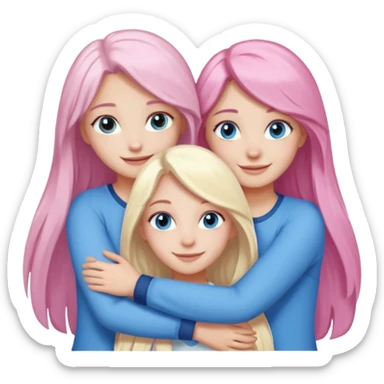 four white grips hugging and smiling    2 girls with brown eyes and long dark brown hair. One girl with long light pink hair and blue eyes, one girl with blue eyes and light blonde hair sticker