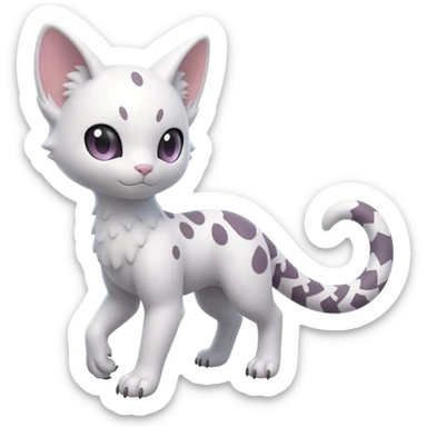 Cute realistic albino Minccino-Lykoi-Emolga-Pachirisu-Zangoose-fusion-hybrid-animal-Fakémon-creature, full body, thin long sleek scaly tail, intricate markings sticker