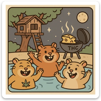 Discord server icon, square format, summer pool cookout scene with up to 3 hamsters waving and smiling, weed leaf, cheese, and THC theme, near a treehouse, in space. Flat toon style, soft but colorful, bold outlines, nostalgic, fun, inviting, summer party vibe, clear composition, less vibrant colors, designed to look good even at tiny size. sticker