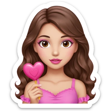 girl with long wavy brown hair, brown eyes, long lashes makeup, sexy pink lips, light to medium complexion, wearing a pink sexy top,, heart lillipop sticker