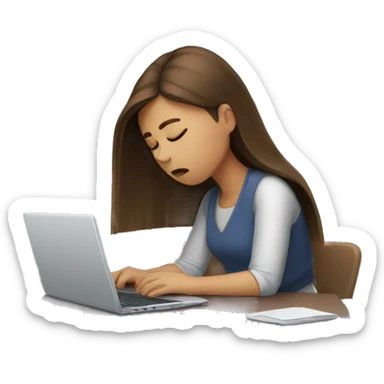 Exhausted brown straight hair girl working with laptop  sticker
