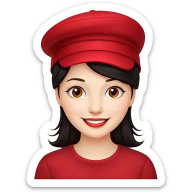 dark haired woman with red hat sticker