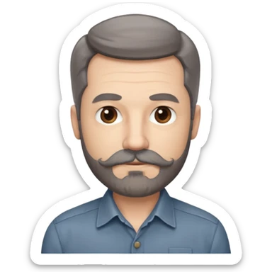50 yr old white man, pale skin, dark grey hair with some brown highlights, side swept part, groomed moustache and beard sticker