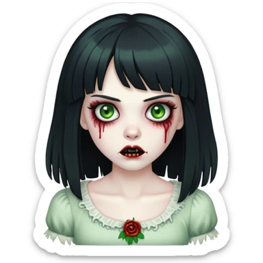 Zombie girl with big black hair and fringe and green eyes sticker