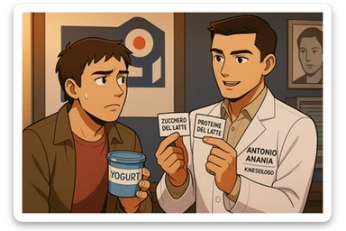 fai un webtoon manga a colori con questo stile, in cui un uomo ASCOLTA Il kinesiologo con il camice bianco (fagli anche la scritta "ANTONIO ANANIA" SUL CAMICE, IL KINESIOLOGO SPIEGA ALL'UOMO UNA COSA TENENDO DUE FOGLIETTINI IN MANO, UNO CON LA SCRITTA "ZUCCHERO DEL LATTE" E UNA CON LA SCRITTA "PROTEINE DEL LATTE". L'UOMO OSSERVA LO YOGURT CHE HA IN MANO CON ESPRESSIONE DUBBIOSA IN VOLTO. non fare i fumetti però, fai solo in modo che sembri stiano parlando sticker