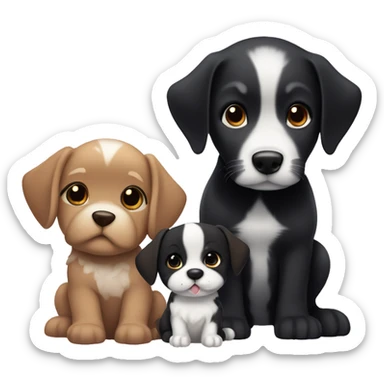 boy and girl couple with white skin and black hair, sitting next to black and white puppy, also a brown puppy sticker