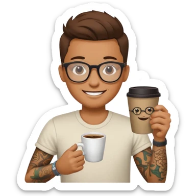 gözlük takan, dövmeli ve elinde kahve tutan, yaz kıyafetli insan sticker