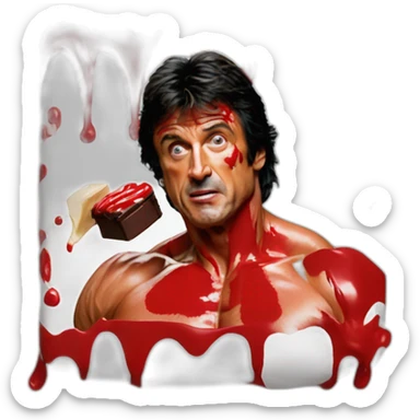 Sylvester Stallone Rambo covered in red paint eating chocolate in a primary school sticker