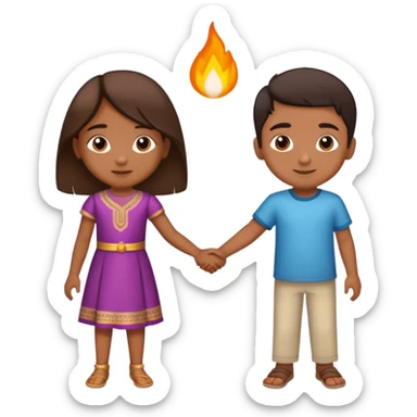 boy and girl holding hands, both Indian, boy with lighter brown skin, girl with medium brown skin, both around age 5-6 sticker