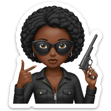 a black girl with black sunglasses with a gun pointed at the camera sticker