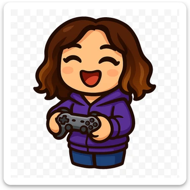 Sticker style chibi emote, matching the attached green heart emote as a base. Woman from reference, purple hoodie and jeans, holding a game controller in a gaming pose, cute excited face, no headband, no wand, transparent background. sticker