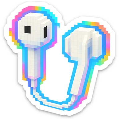 white EarPods headphones with a playful twist, floating in mid-air, with a futuristic holographic effect sticker