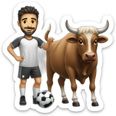 Arab guy playing soccer, a bull stand beside him sticker