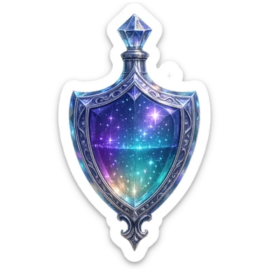 shield-shaped ultra luxurious elixir bottle, elegant color gradient, multi-layered holographic and silver details, intricate crystal facets, magical radiant glowing and sparkling effects, seamless ornate bottom, very small neck, transparent background, floating, no base or shadow, modern, extremely beautiful, matching a collection sticker