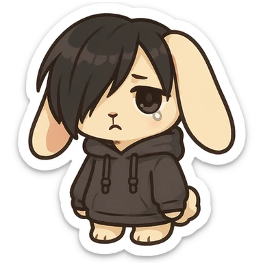 emo bunny, chibi style, oversized hoodie, sad eyes, floppy ears sticker