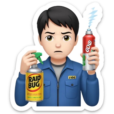 Gojo Satoru using a can of raid bug spray looking disgusted sticker