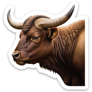 Cinematic Noble Domestic Ox Portrait Emoji, Poised and stalwart, with a massive, muscular build and a thick, smooth hide in deep earthy tones, prominent, curved horns, and steady, soulful eyes, Simplified yet sharp and sophisticated features, highly detailed, glowing with a warm, dignified glow, high shine, intelligent and dependable, stylized with an air of timeless strength, focused and attentive, soft glowing outline, capturing the essence of a watchful and confident ox that feels as though it could plod out of the screen with effortless authority! sticker