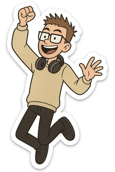 Slava Marlow, energetic pose, headphones around neck, no text sticker