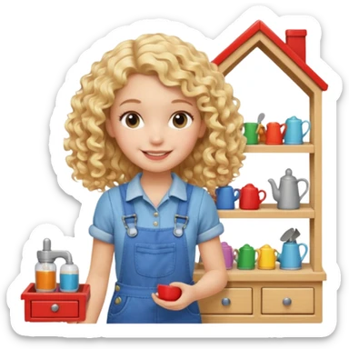smiling blonde curly girl arranging furniture in doll house with overalls sticker